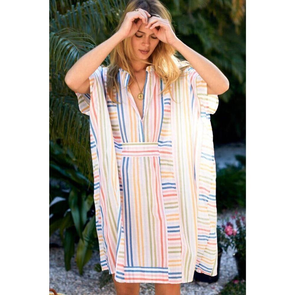 EMERSON FRY OS S M L Short Caftan Coverup Rainbow Stripe